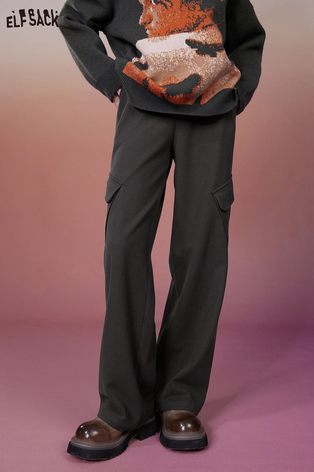 ELFSACK Korean Fashion Gray Pants Women High Waist Sports Trousers