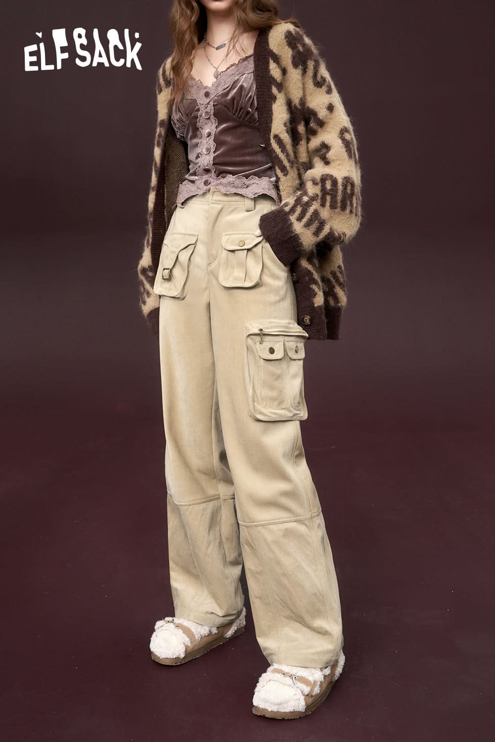 ELFSACK Wide Cargo Pants Women High Waist Dressy Casual Trousers