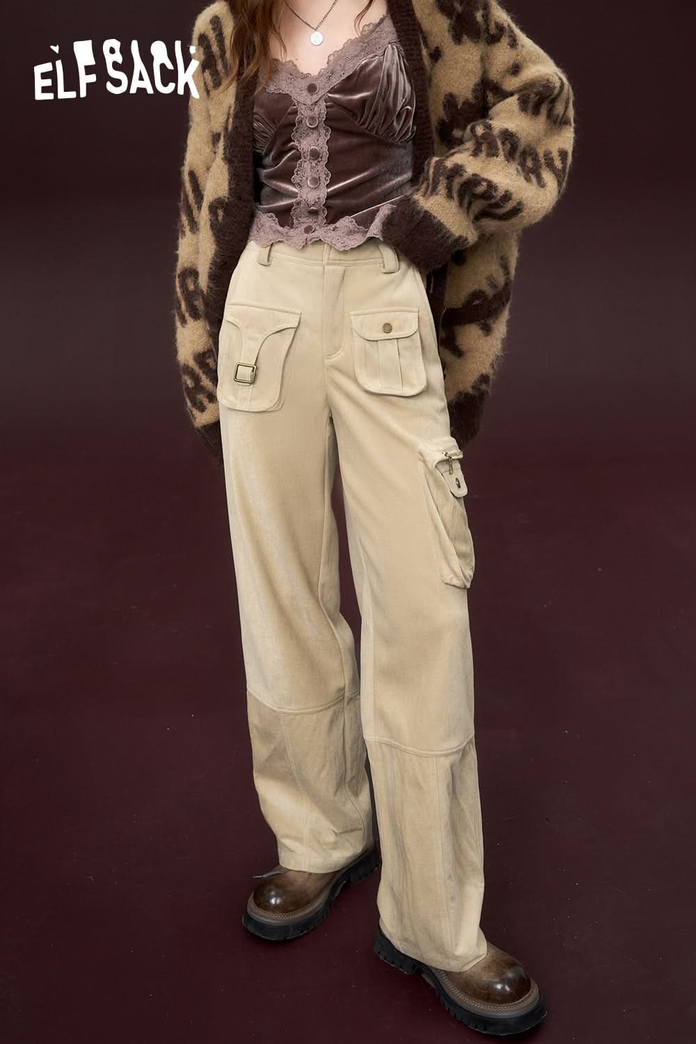 ELFSACK Wide Cargo Pants Women High Waist Dressy Casual Trousers