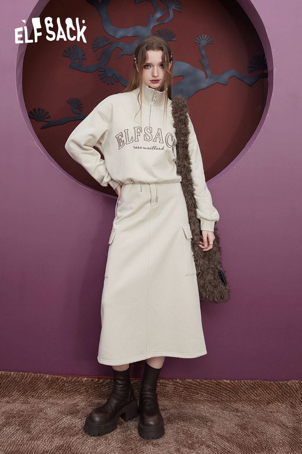 ELFSACK Fleece Pullover Skirt Sports Suit Women Loose Casual Wear