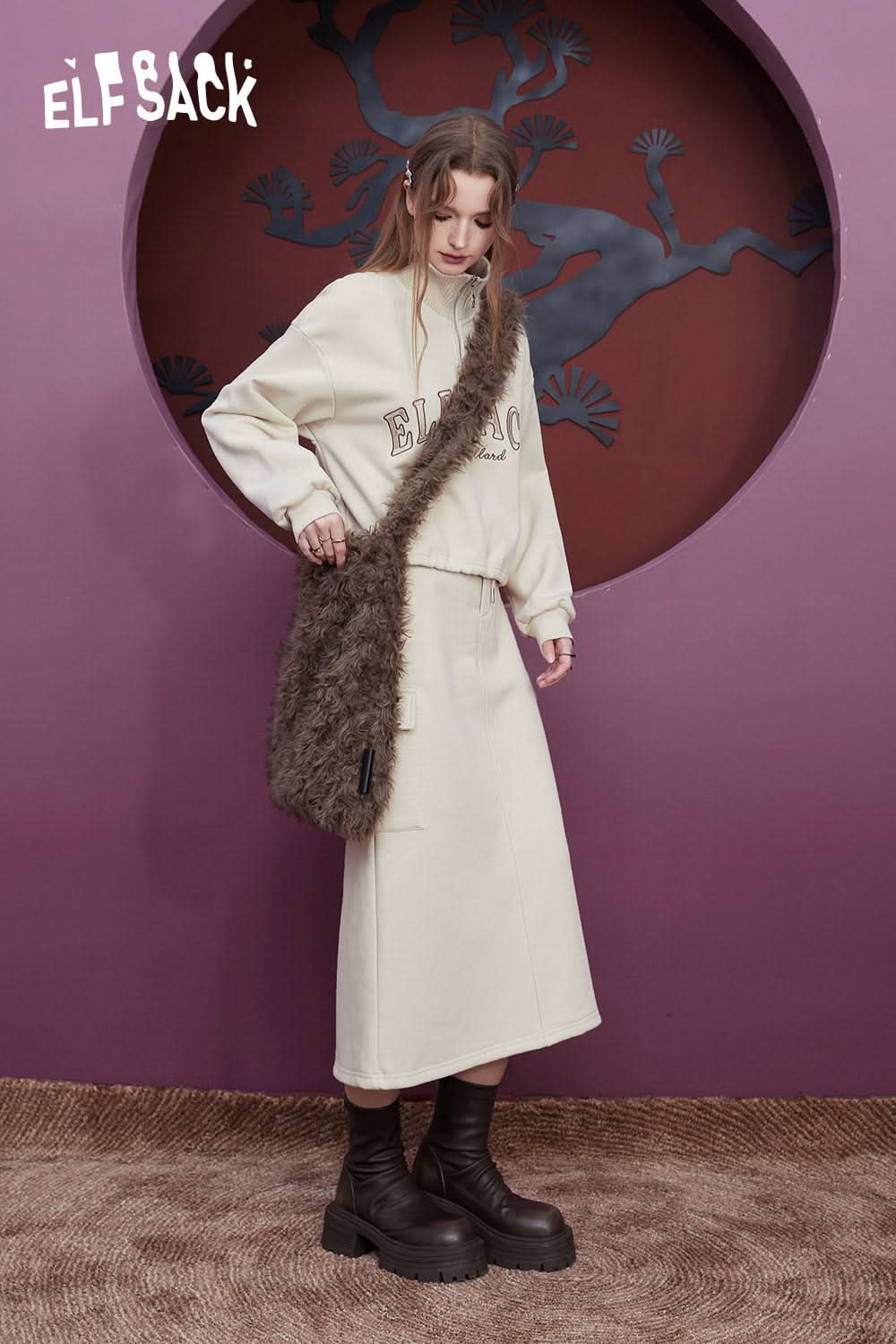 ELFSACK Fleece Pullover Skirt Sports Suit Women Loose Casual Wear