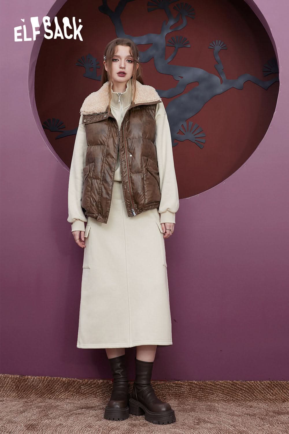 ELFSACK Fleece Pullover Skirt Sports Suit Women Loose Casual Wear