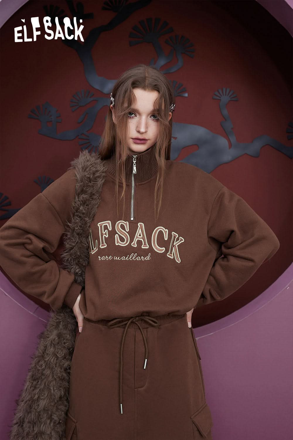 ELFSACK Fleece Pullover Skirt Sports Suit Women Loose Casual Wear