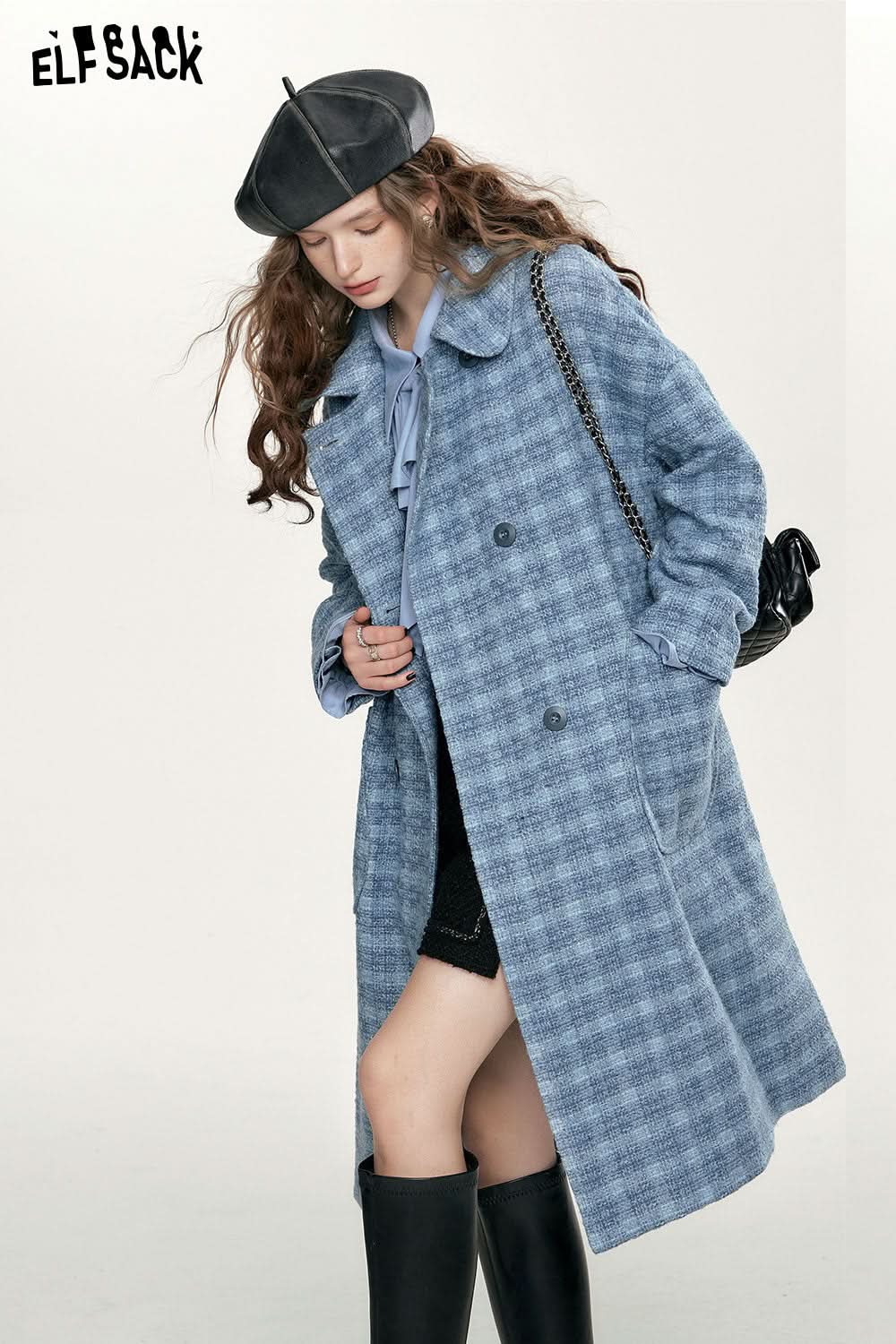 ELFSACK Blue Vintage Plaid Coats Women Academic Style Mid-length Outwears