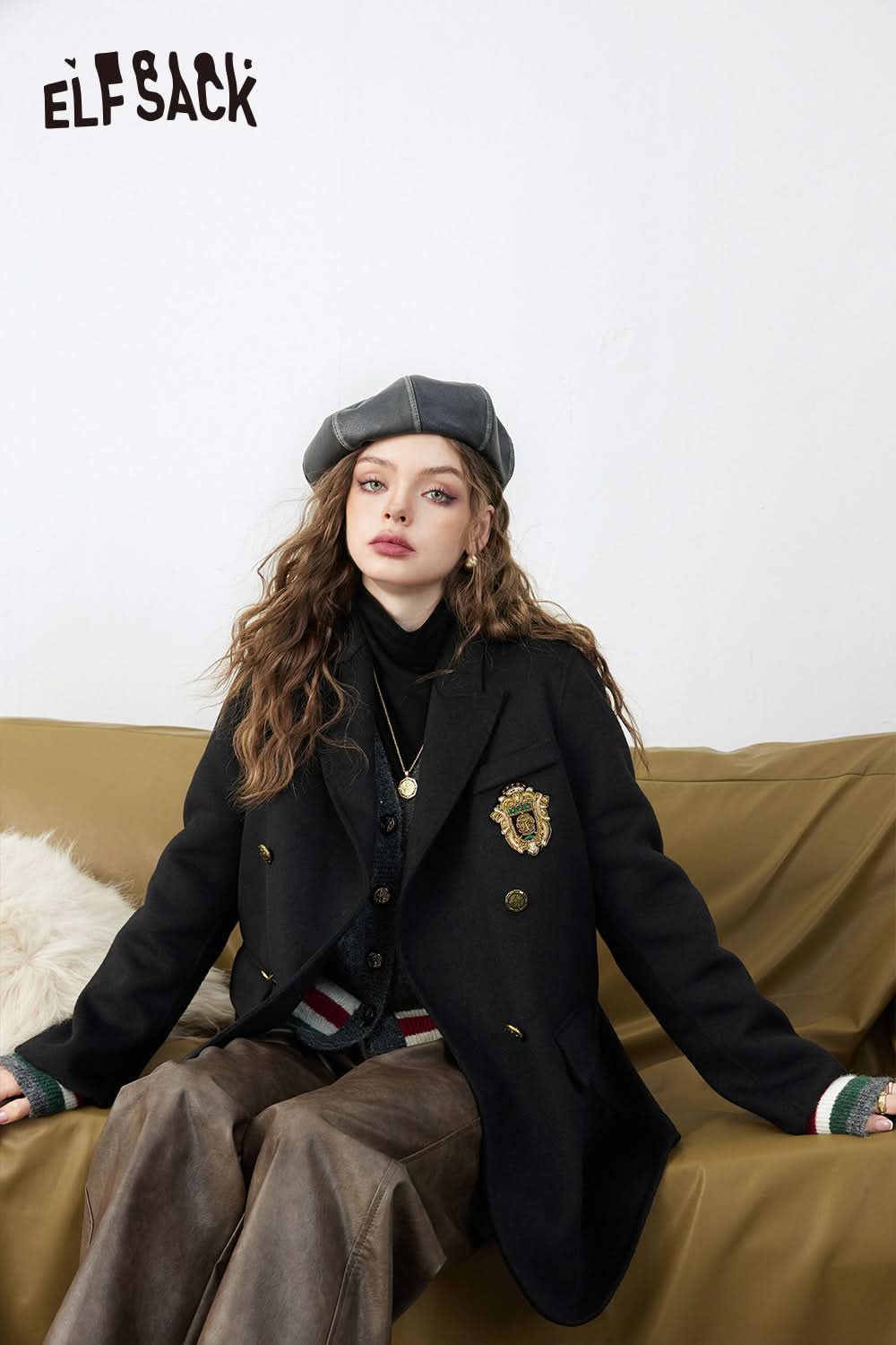 ELFSACK Warm Wool Blazer Coats Women Academic Style Outwears