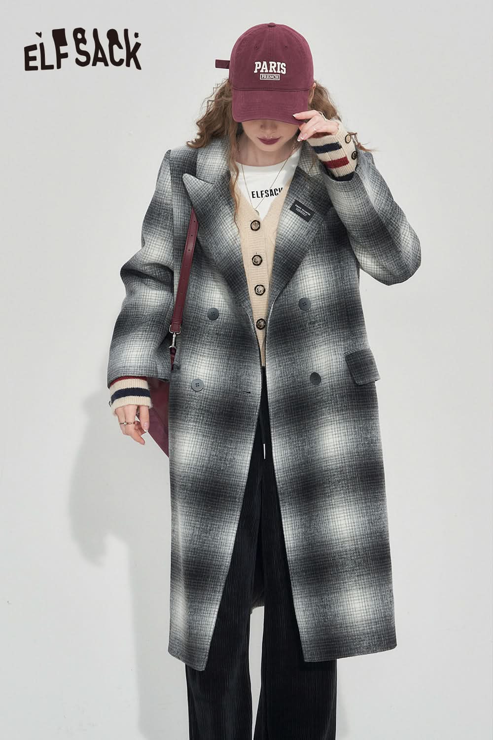 ELFSACK Vintage Plaid Coats Women Elegant Mid-length Outwears