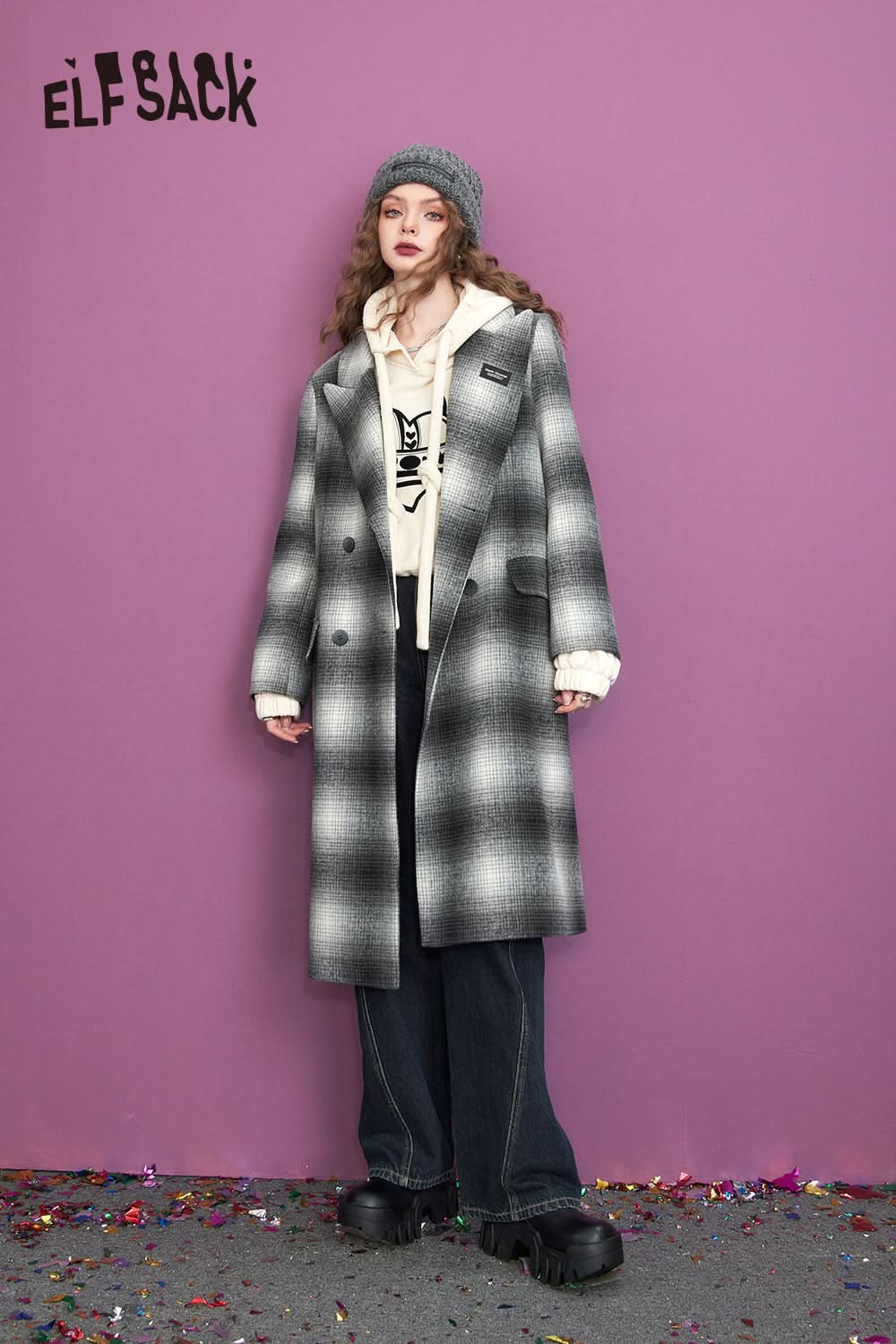 ELFSACK Vintage Plaid Coats Women Elegant Mid-length Outwears
