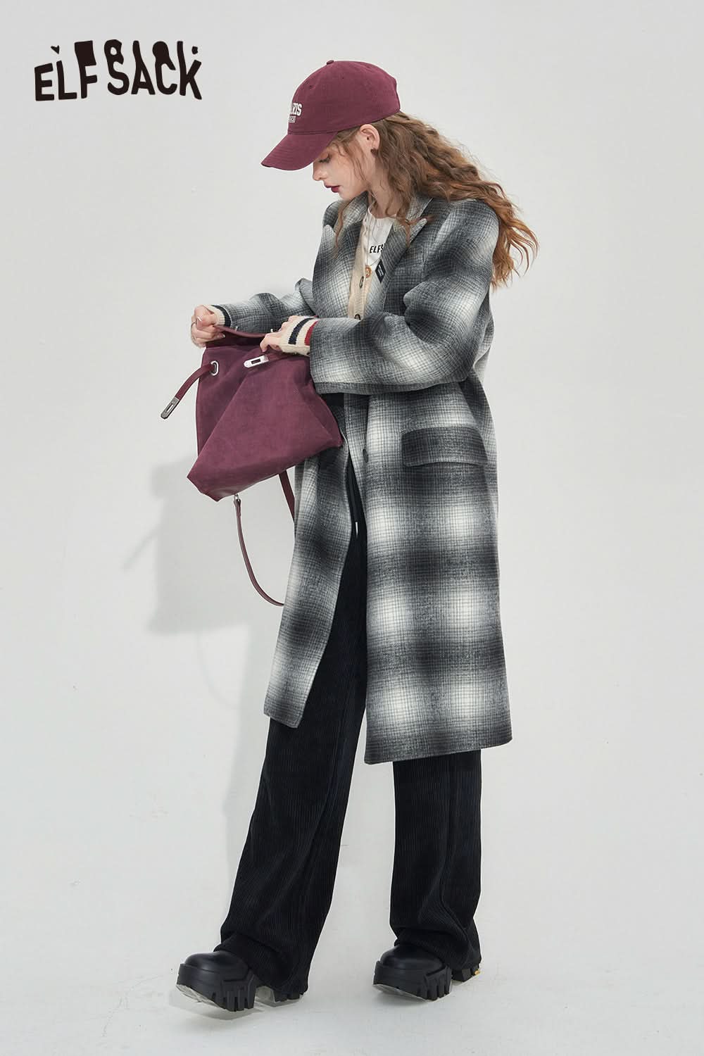 ELFSACK Vintage Plaid Coats Women Elegant Mid-length Outwears