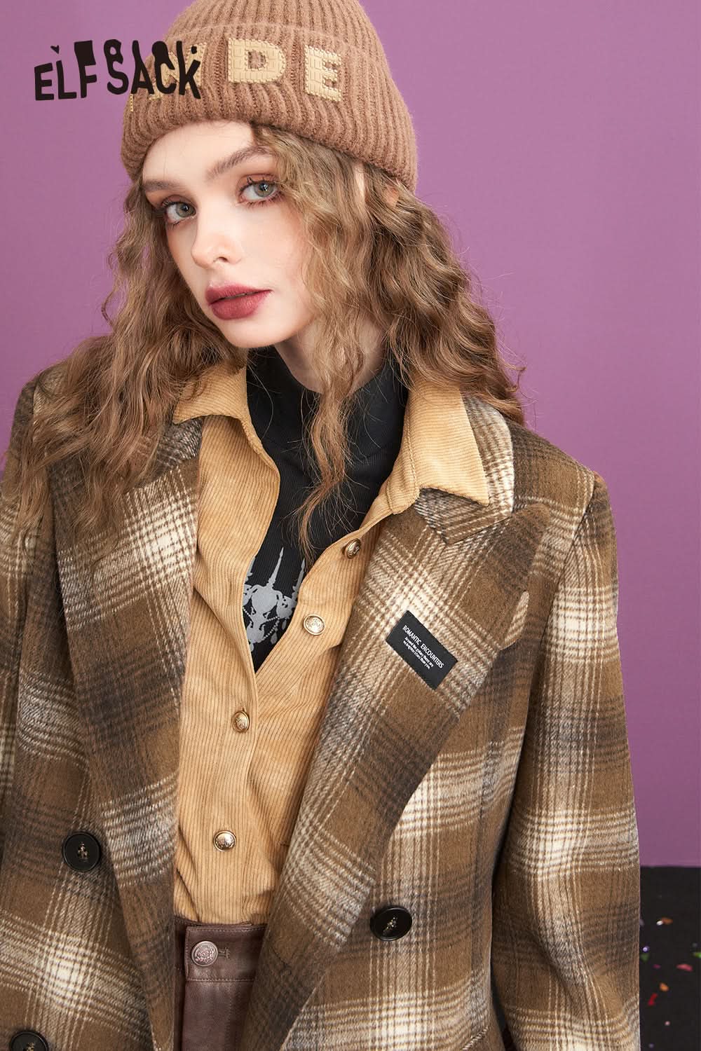 ELFSACK Vintage Plaid Coats Women Elegant Mid-length Outwears