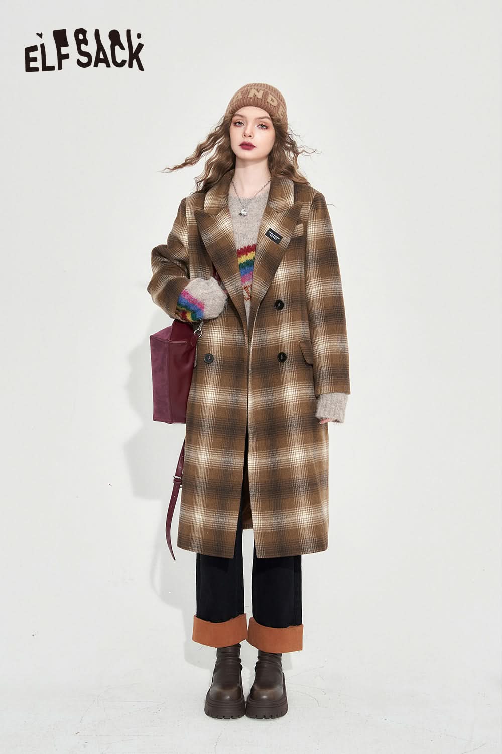 ELFSACK Vintage Plaid Coats Women Elegant Mid-length Outwears