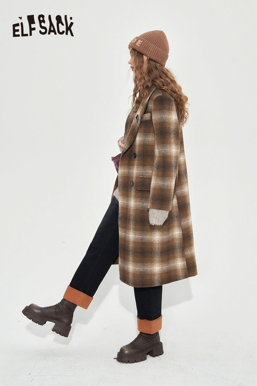 ELFSACK Vintage Plaid Coats Women Elegant Mid-length Outwears