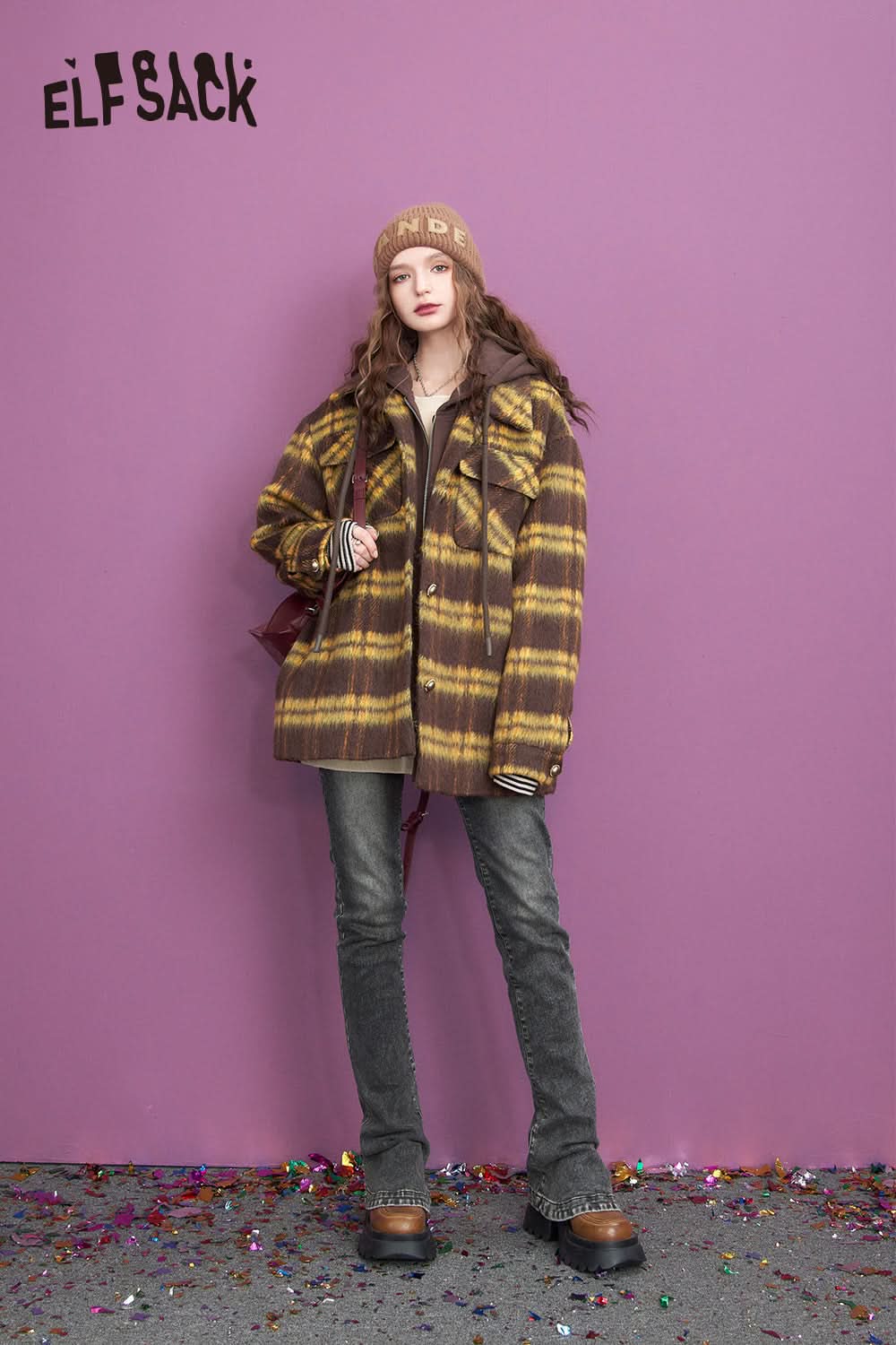 ELFSACK Hooded Vintage Plaid Coats Women Elegant Casual Outwears