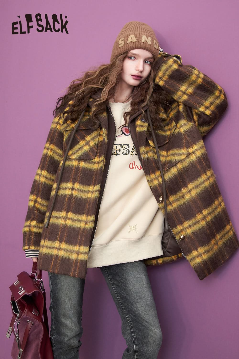 ELFSACK Hooded Vintage Plaid Coats Women Elegant Casual Outwears