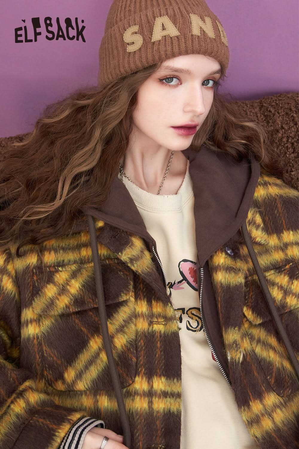 ELFSACK Hooded Vintage Plaid Coats Women Elegant Casual Outwears