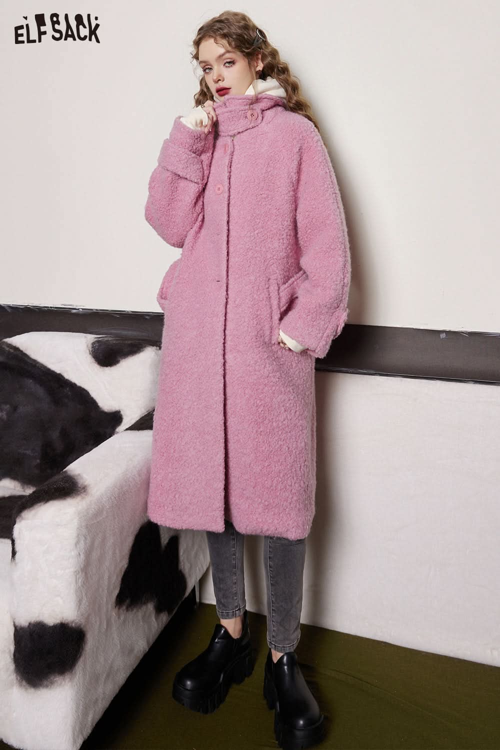 ELFSACK Pink Warm Wool Coats Women Sweety Loose Long Outwears