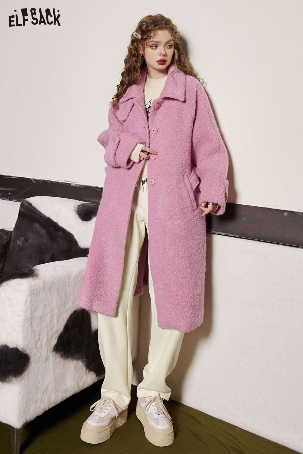 ELFSACK Pink Warm Wool Coats Women Sweety Loose Long Outwears