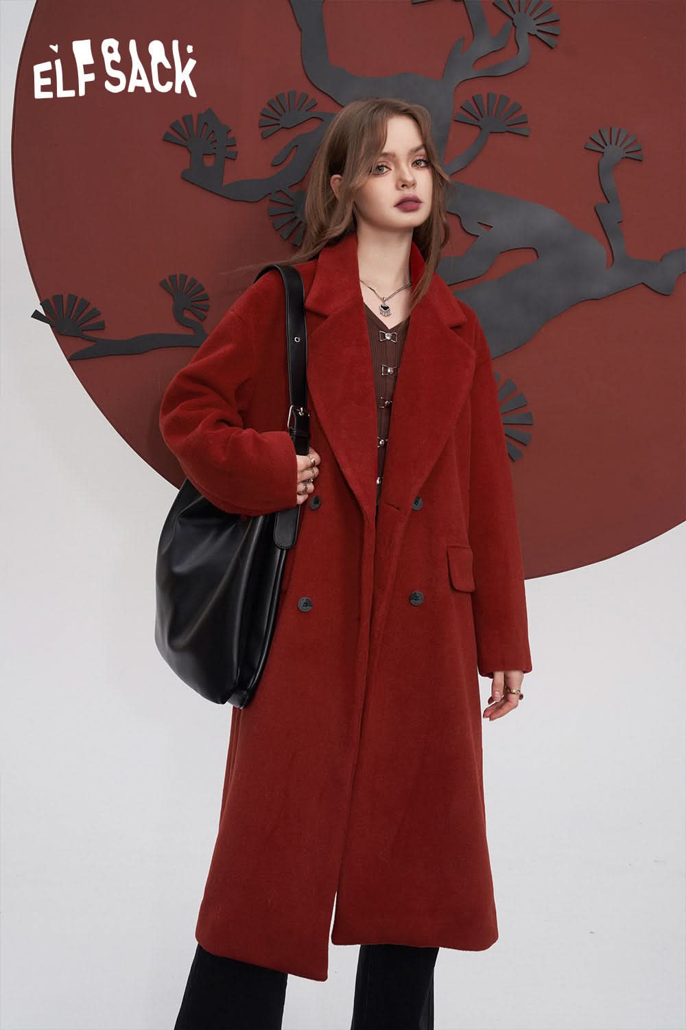 ELFSACK Red Warm Coats Women Mid-length Christmas and Year Outwears