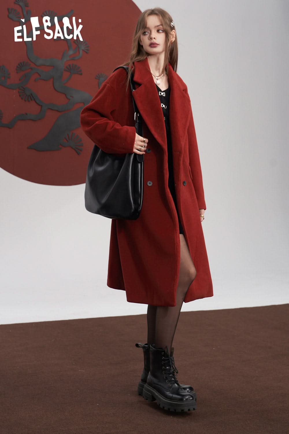 ELFSACK Red Warm Coats Women Mid-length Christmas and Year Outwears