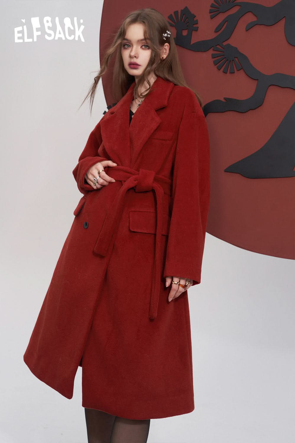 ELFSACK Red Warm Coats Women Mid-length Christmas and Year Outwears