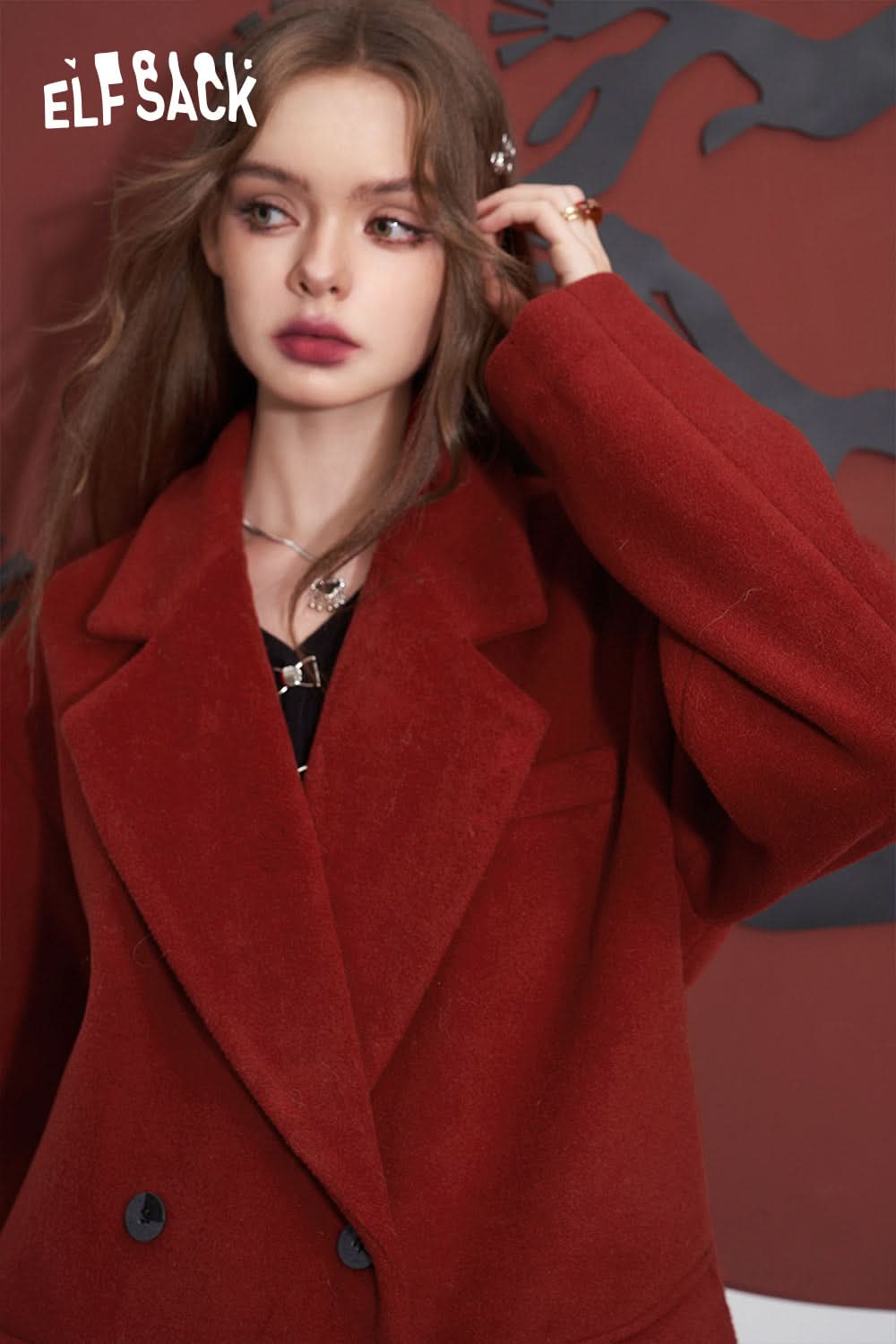 ELFSACK Red Warm Coats Women Mid-length Christmas and Year Outwears