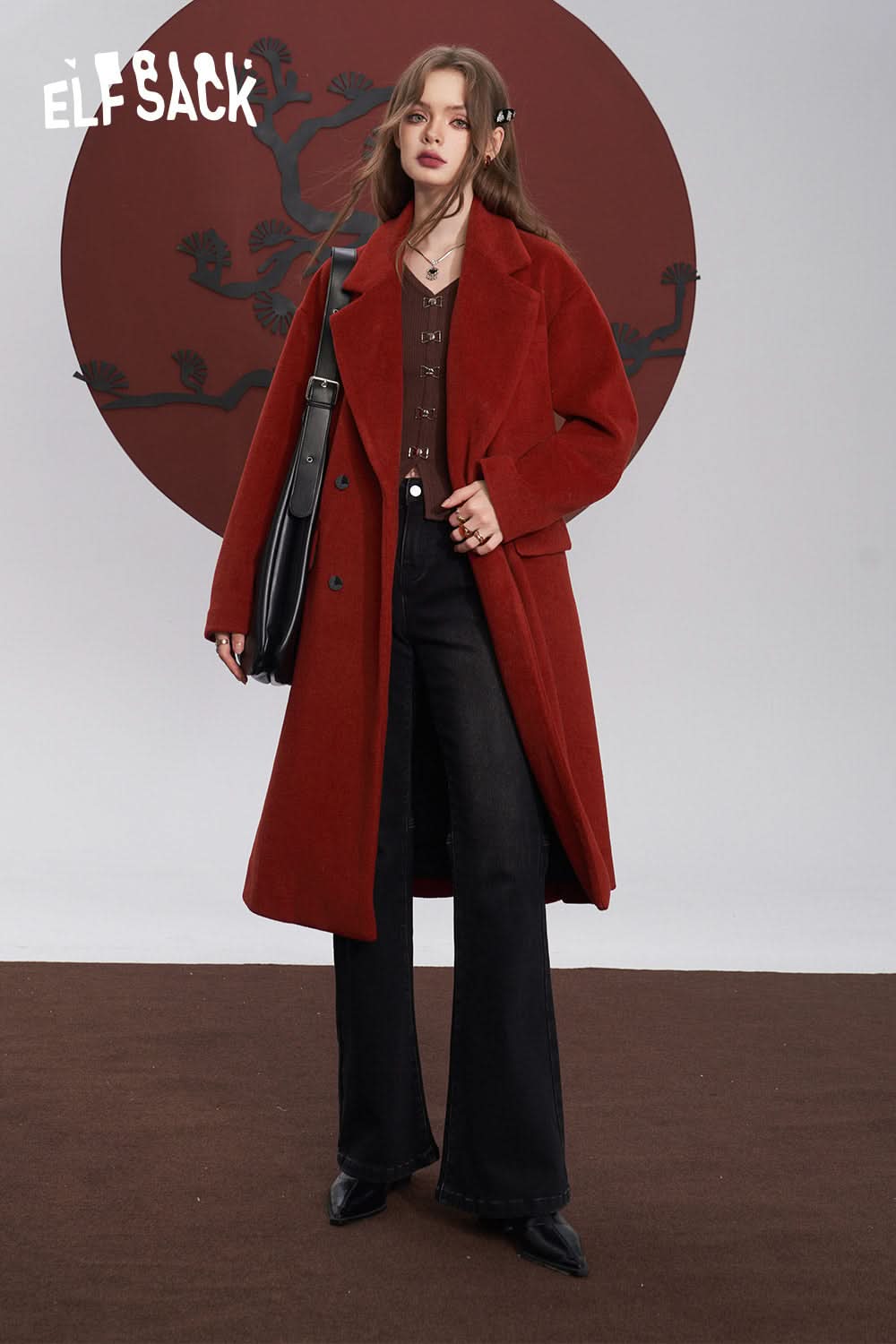 ELFSACK Red Warm Coats Women Mid-length Christmas and Year Outwears