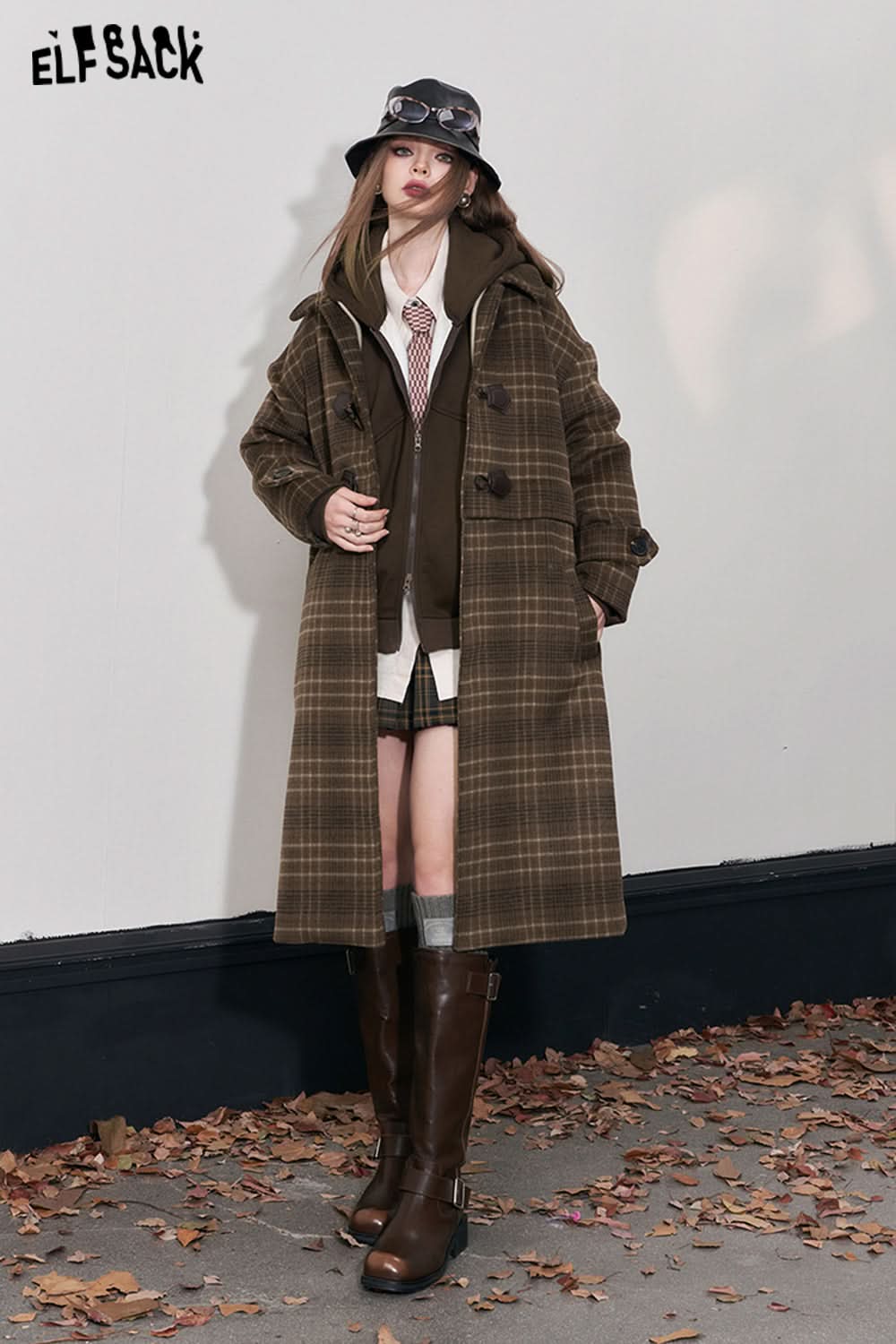 ELFSACK Retro Plaid Warm Wool Coats Women Korean Fashion Long Outwears