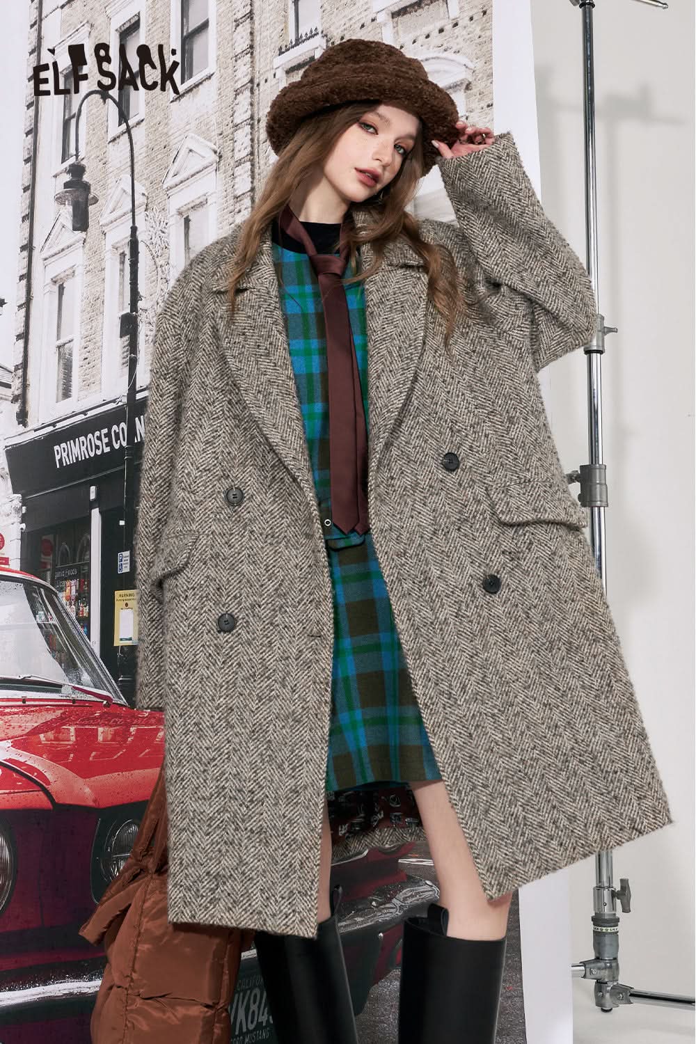 ELFSACK 2000s Korean Fashion Wool Coats Women Detachable Fur Collar Mid-length Outwears