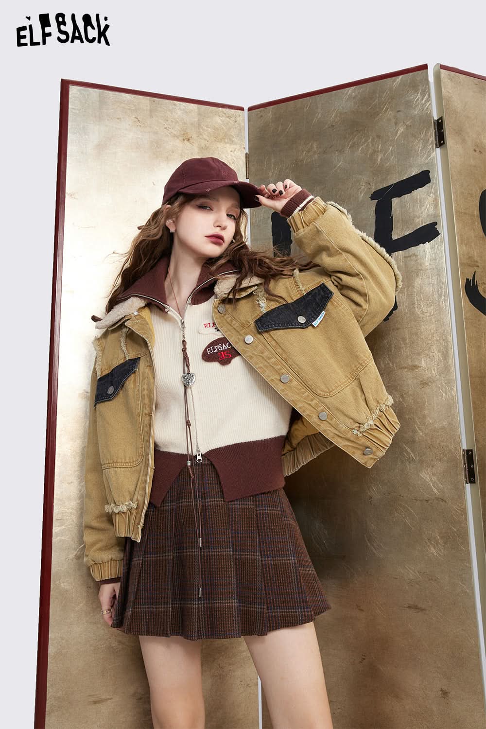 ELFSACK Khaki Denim Cotton Coats Women Detachable Fur Collar Vintage Warm Jackets