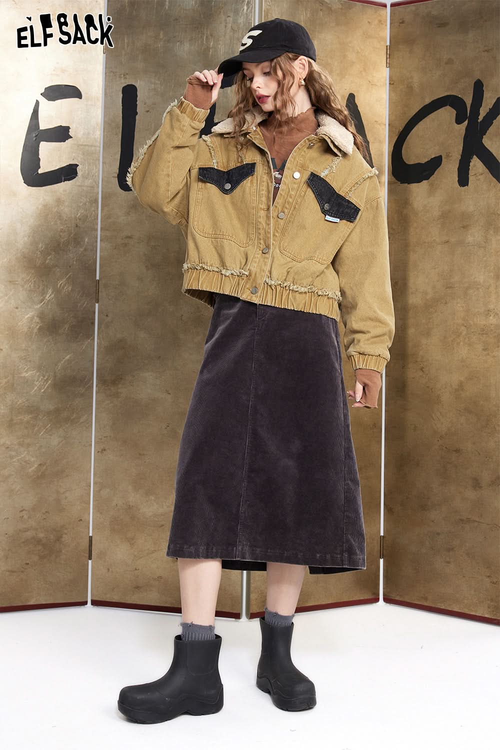 ELFSACK Khaki Denim Cotton Coats Women Detachable Fur Collar Vintage Warm Jackets