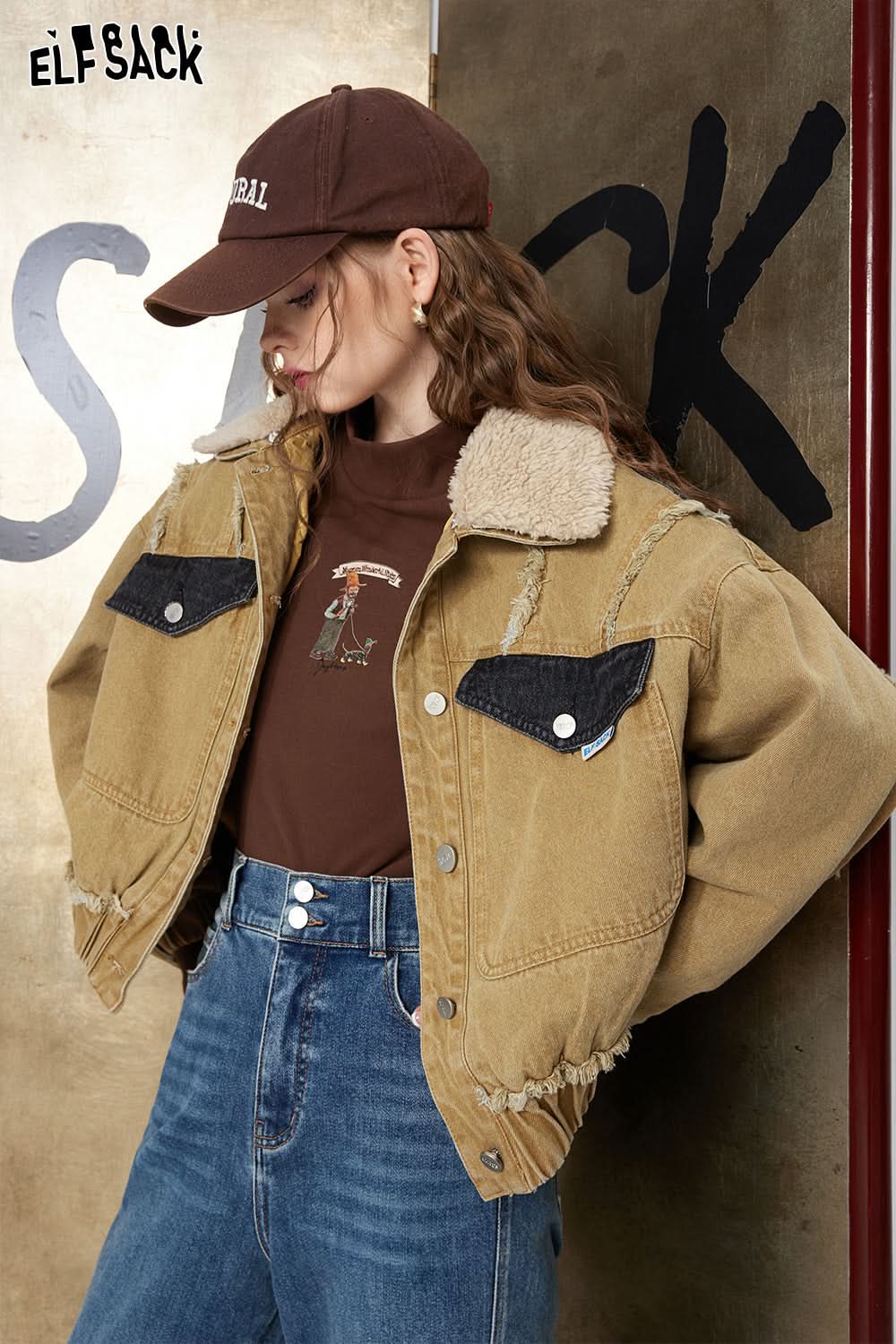 ELFSACK Khaki Denim Cotton Coats Women Detachable Fur Collar Vintage Warm Jackets