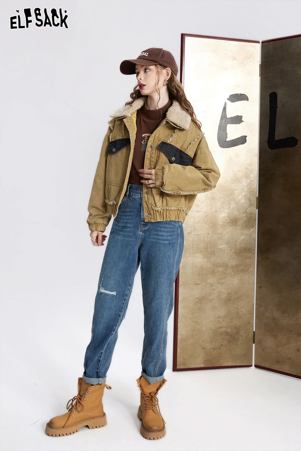 ELFSACK Khaki Denim Cotton Coats Women Detachable Fur Collar Vintage Warm Jackets