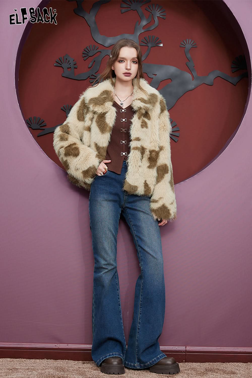 ELFSACK Loose Plush Coats Women Doll Collar Warm Outwears