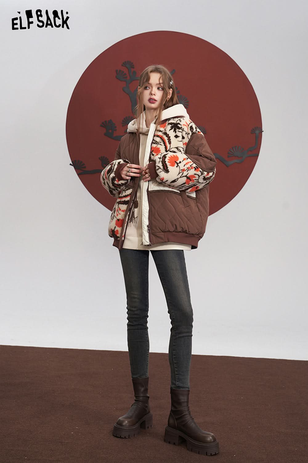 ELFSACK Spliced Cotton Coats Women Loose Rhombus Designed Jackets