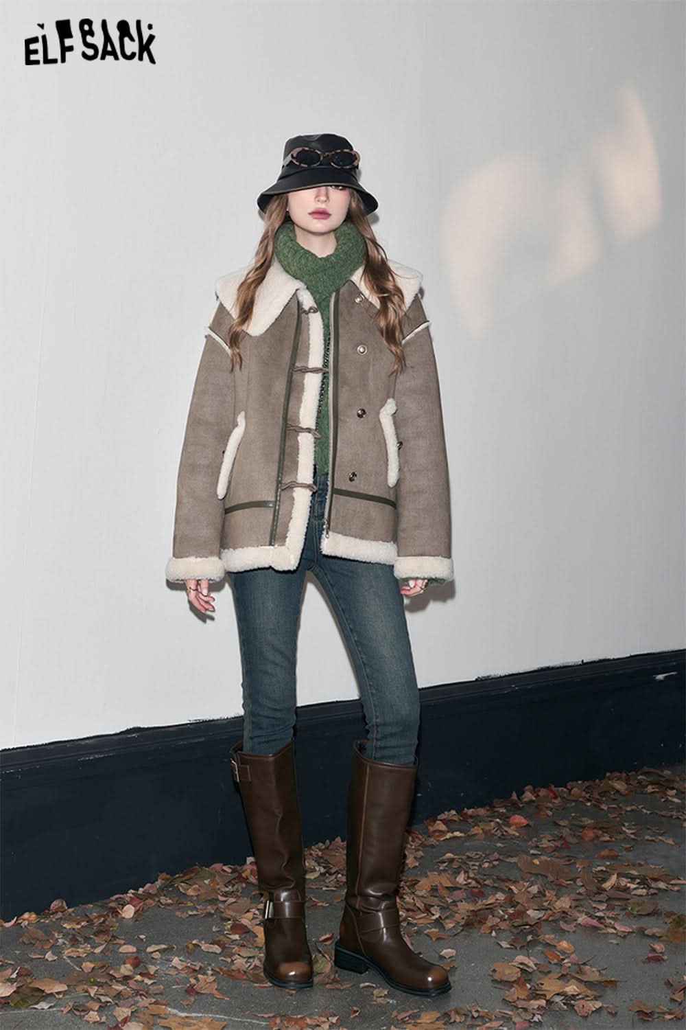 ELFSACK Spliced Fleece Coats Women Designer Luxury Outwears