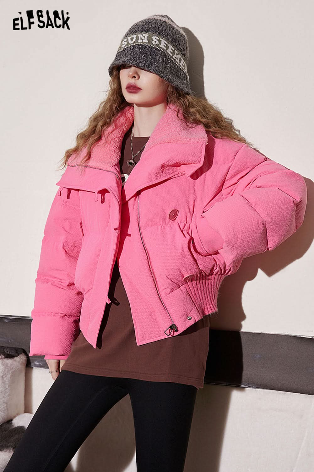 ELFSACK Pink Lapel Warm Down Coats Women Loose Short Casual Outwears