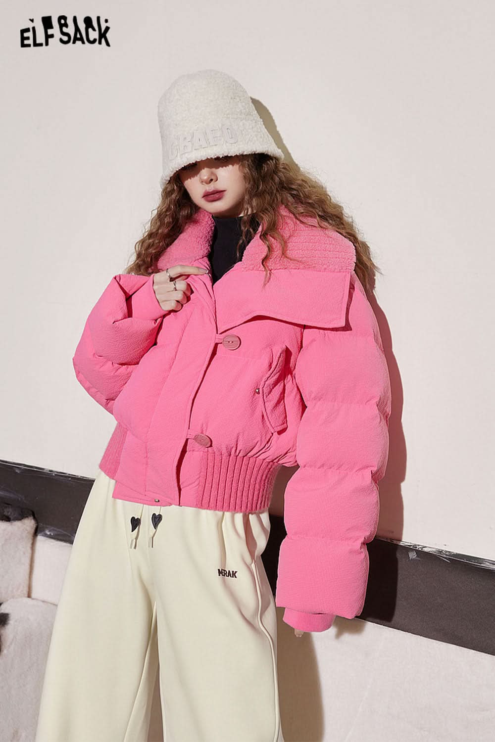 ELFSACK Pink Lapel Warm Down Coats Women Loose Short Casual Outwears
