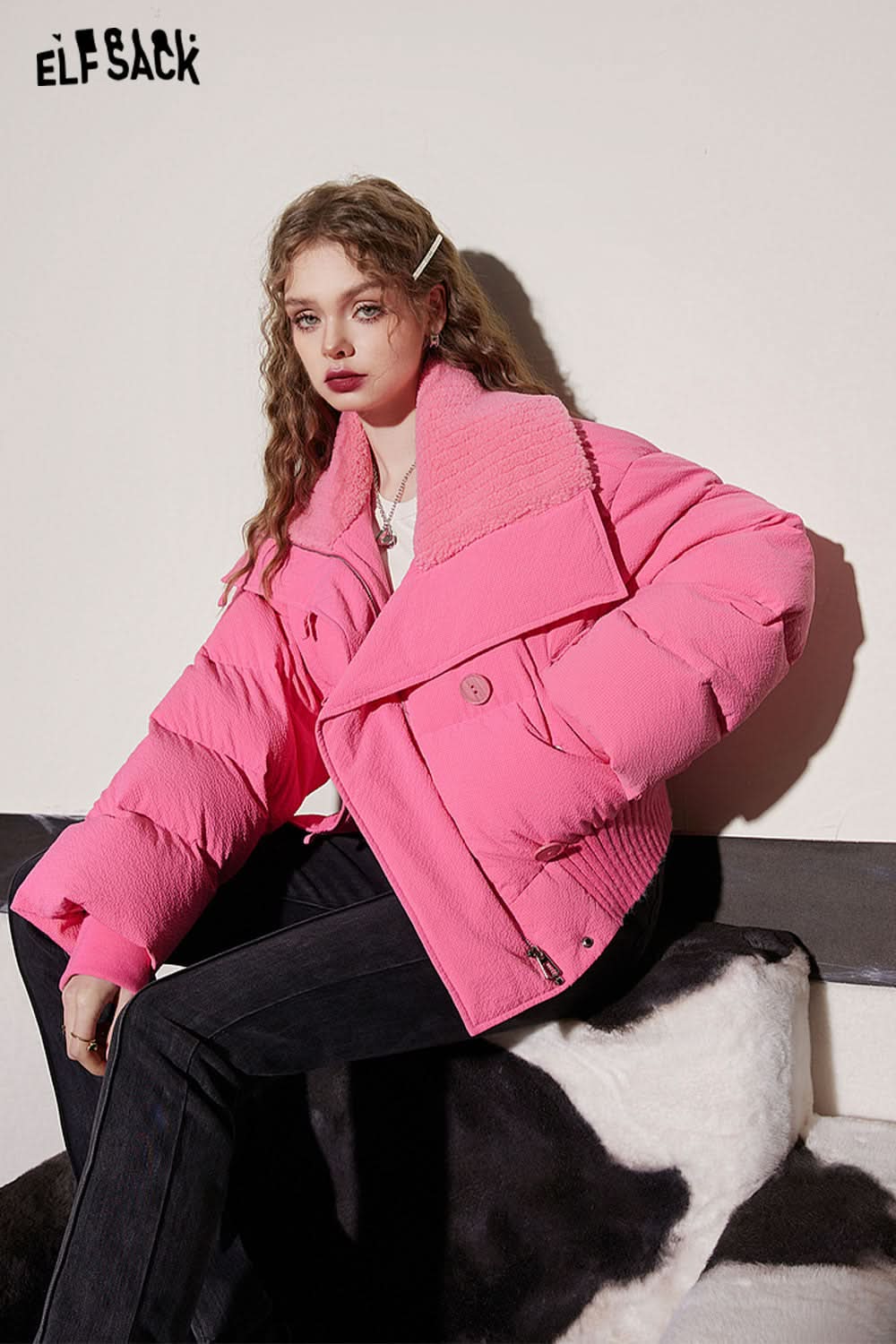 ELFSACK Pink Lapel Warm Down Coats Women Loose Short Casual Outwears
