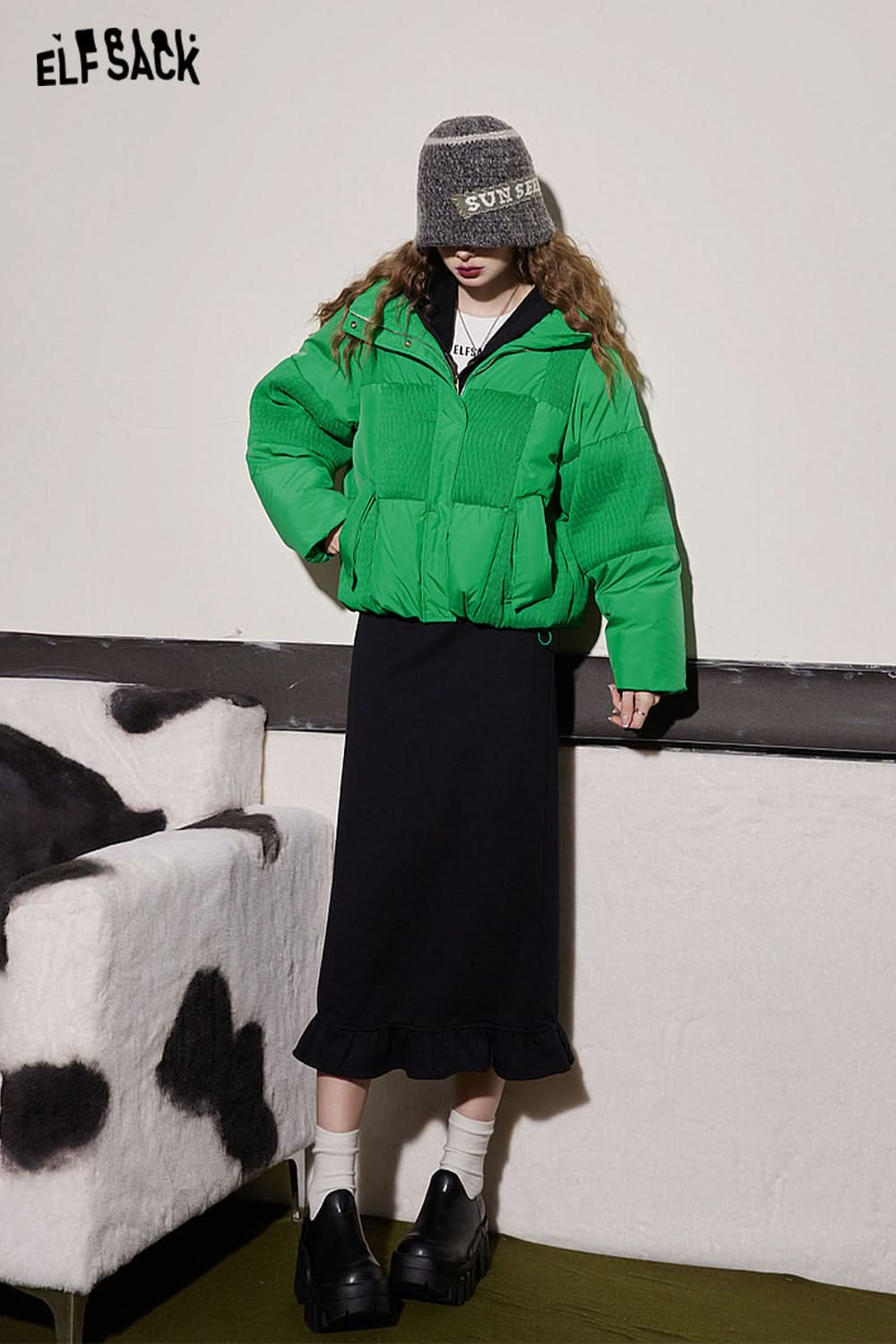 ELFSACK Green Spliced Warm Down Coats Women Loose Short Casual Outwears