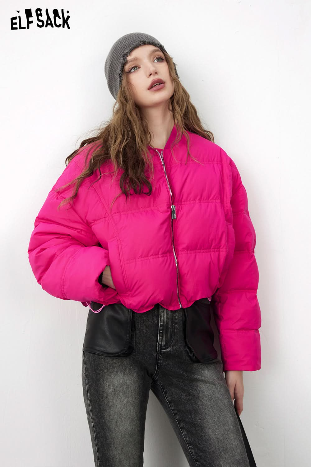 ELFSACK Solid Pure Short Down Jacket Women Minimalist Coats