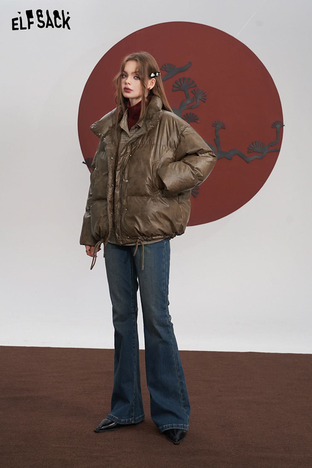 ELFSACK Brown Down Coats Women Loose Designed Jackets