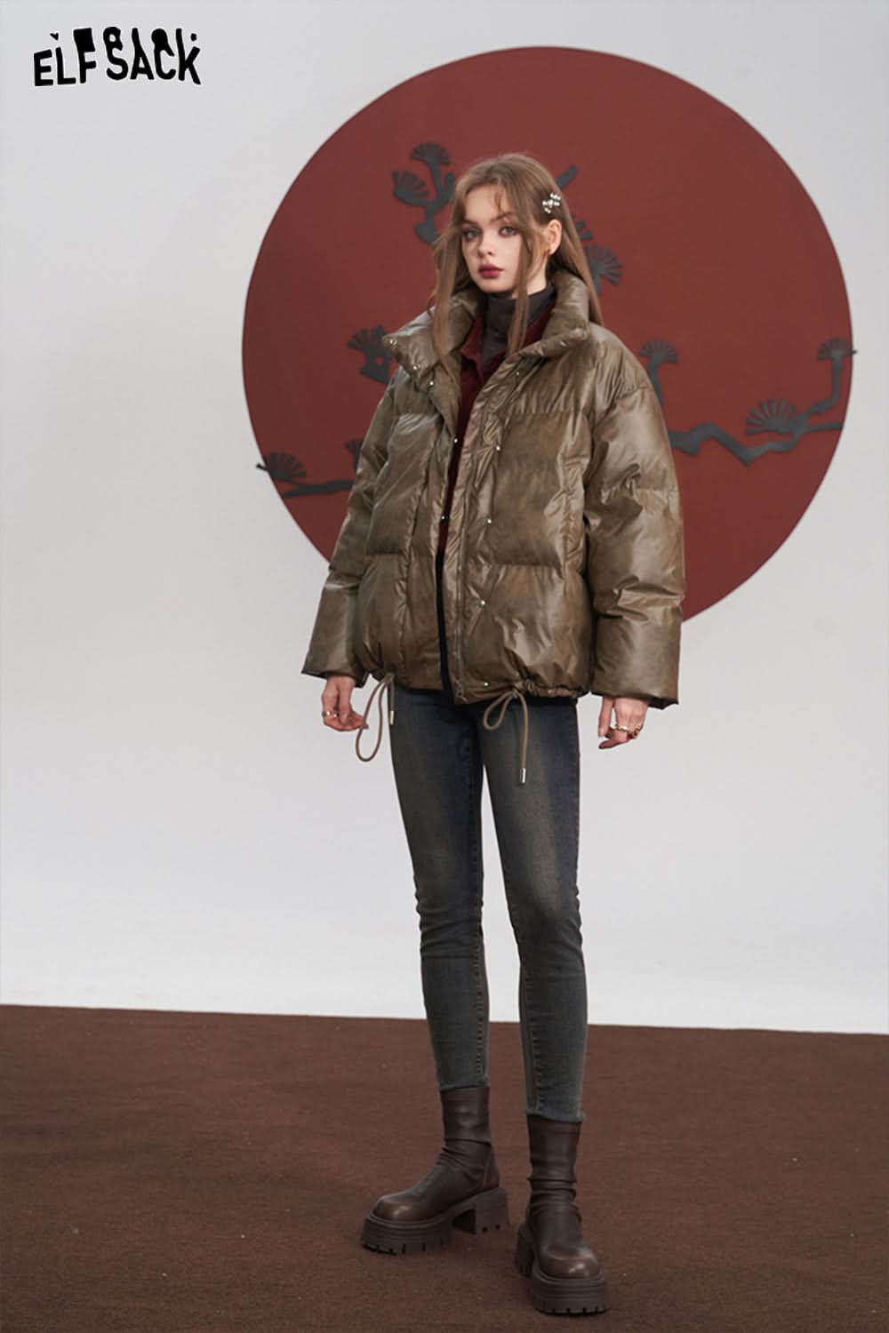 ELFSACK Brown Down Coats Women Loose Designed Jackets