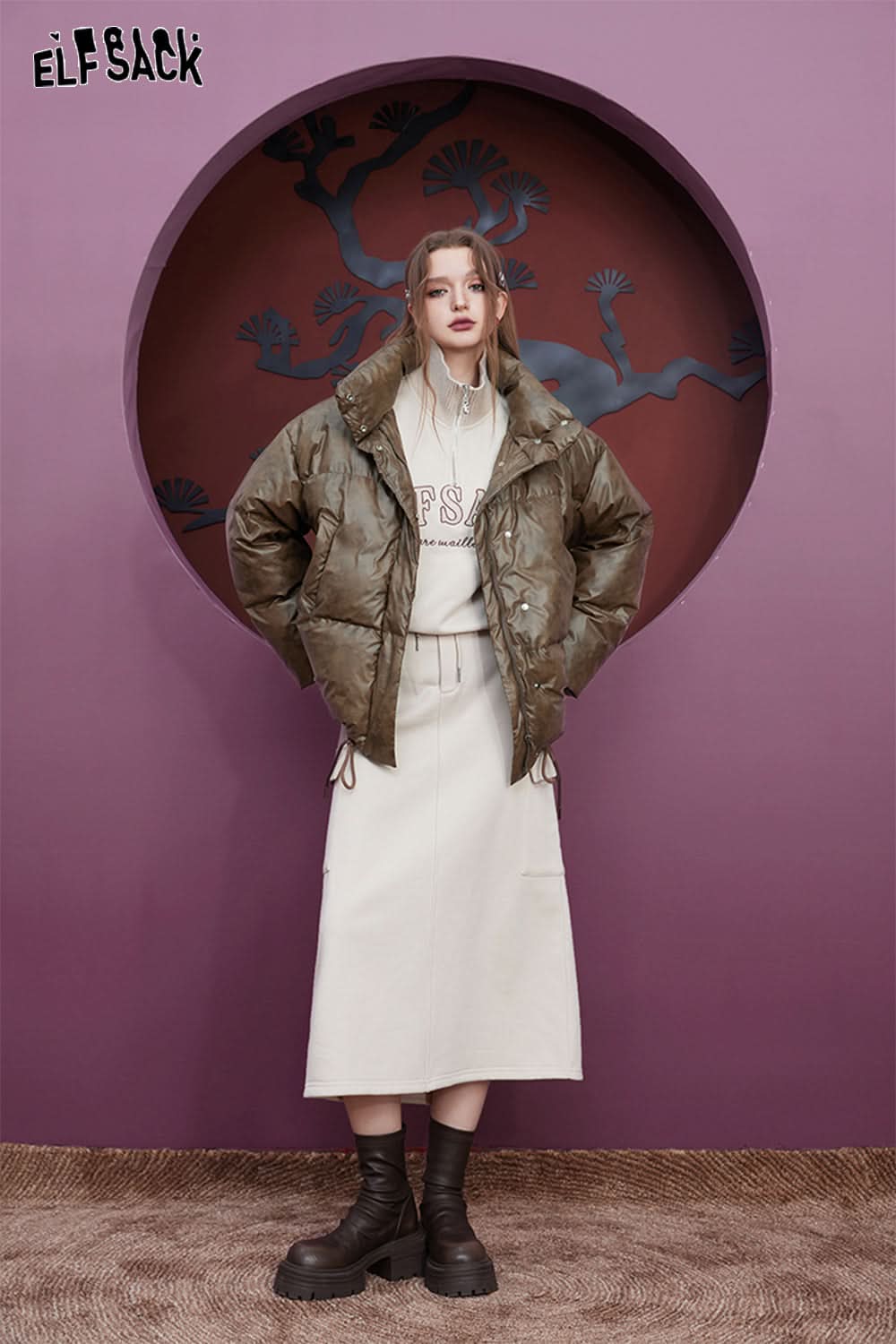 ELFSACK Brown Down Coats Women Loose Designed Jackets