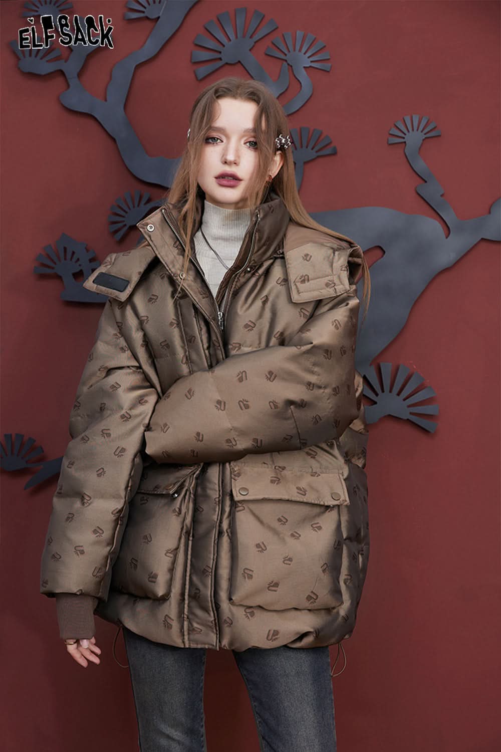 ELFSACK Brown Down Coats Women Loose Mid-length Designed Jackets