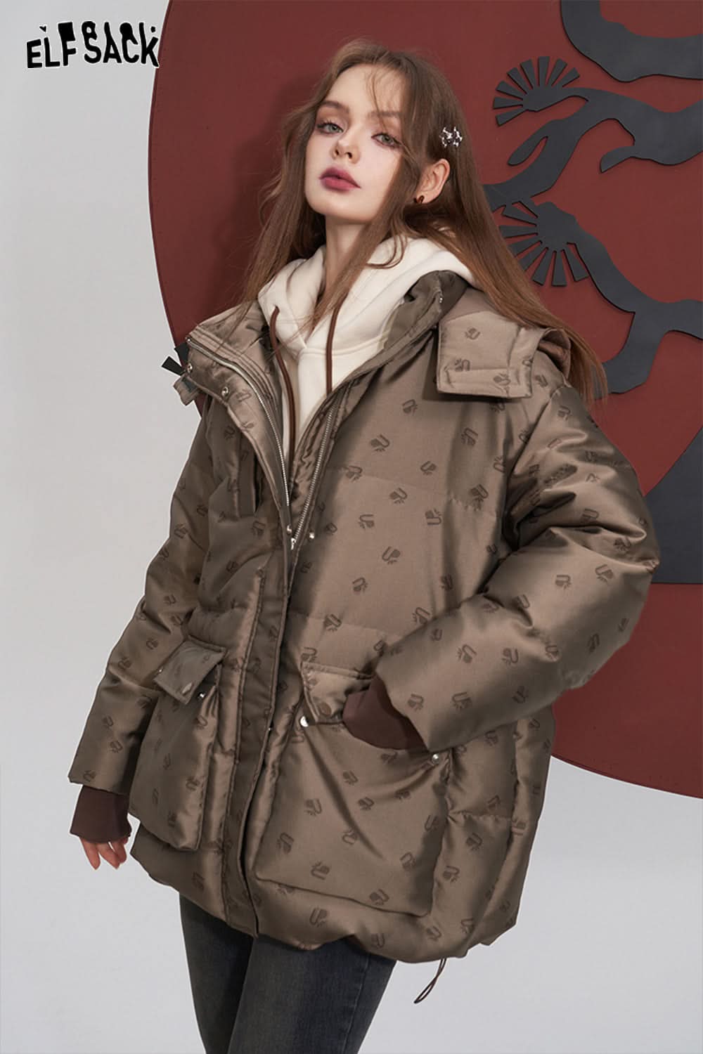 ELFSACK Brown Down Coats Women Loose Mid-length Designed Jackets