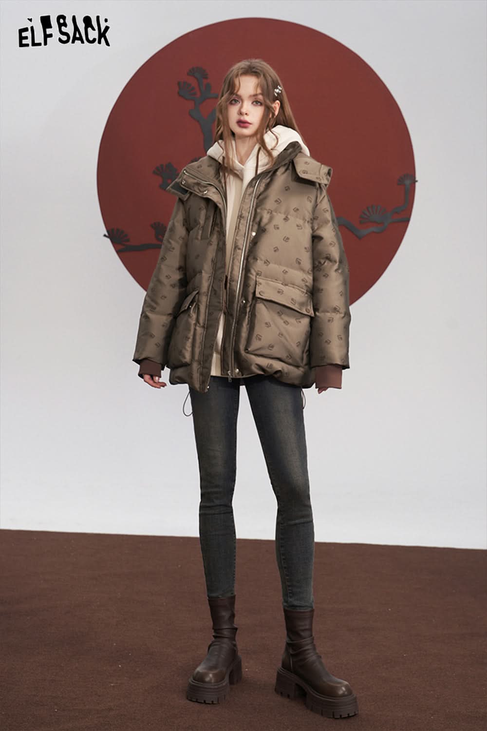 ELFSACK Brown Down Coats Women Loose Mid-length Designed Jackets