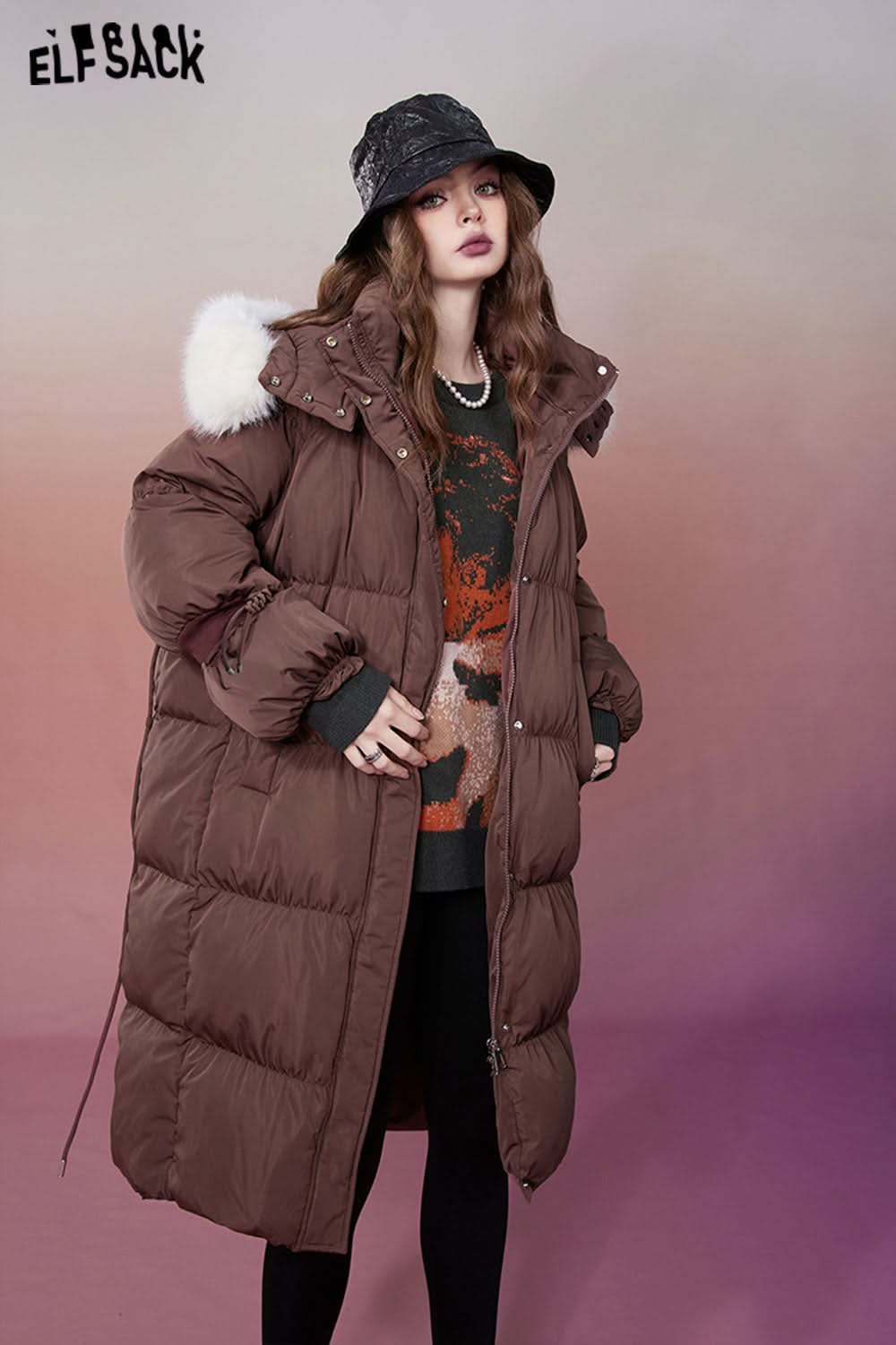 ELFSACK 2000s Retro Houndstooth Down Coats Women Designed Jackets