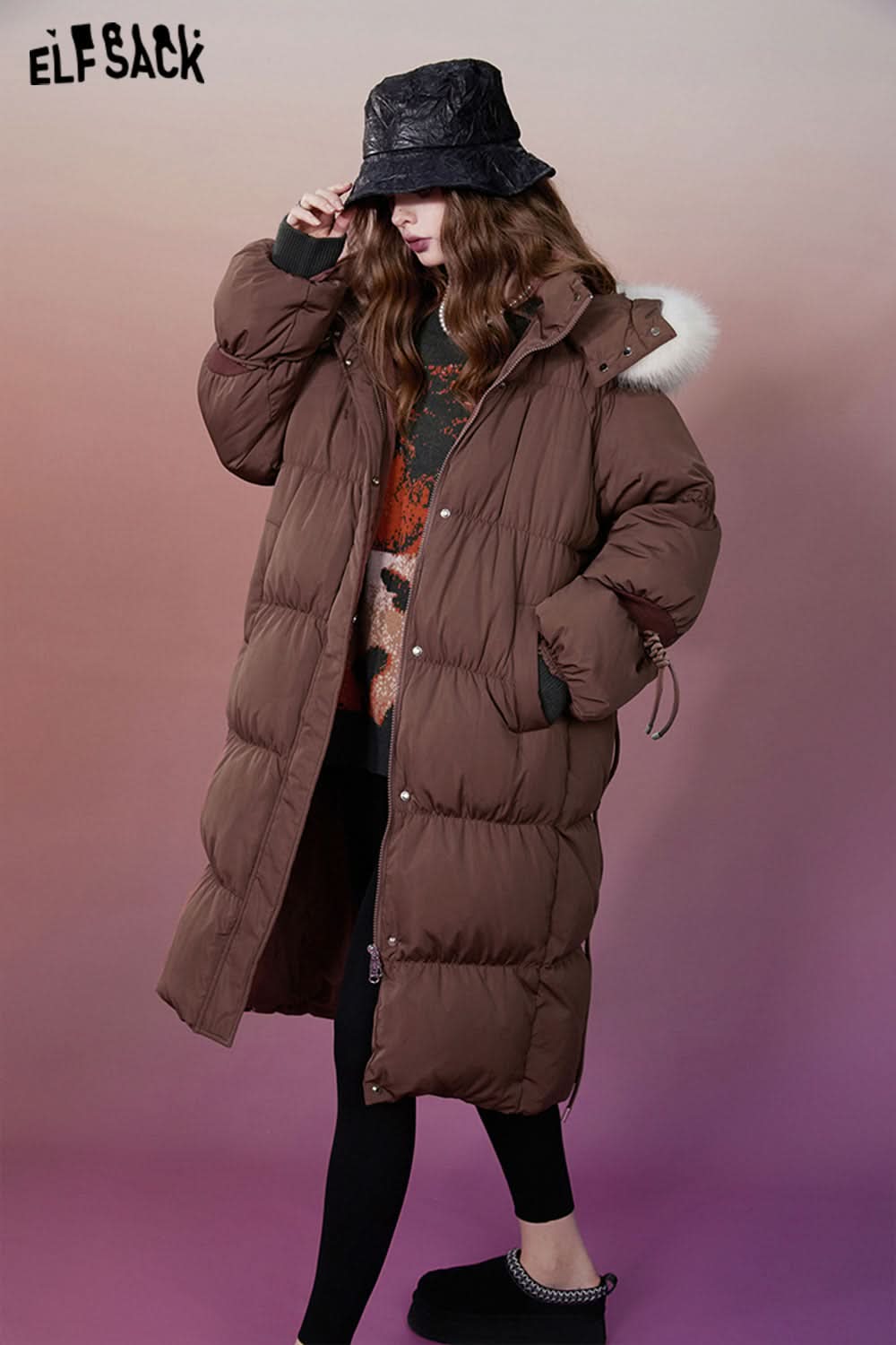 ELFSACK 2000s Retro Houndstooth Down Coats Women Designed Jackets