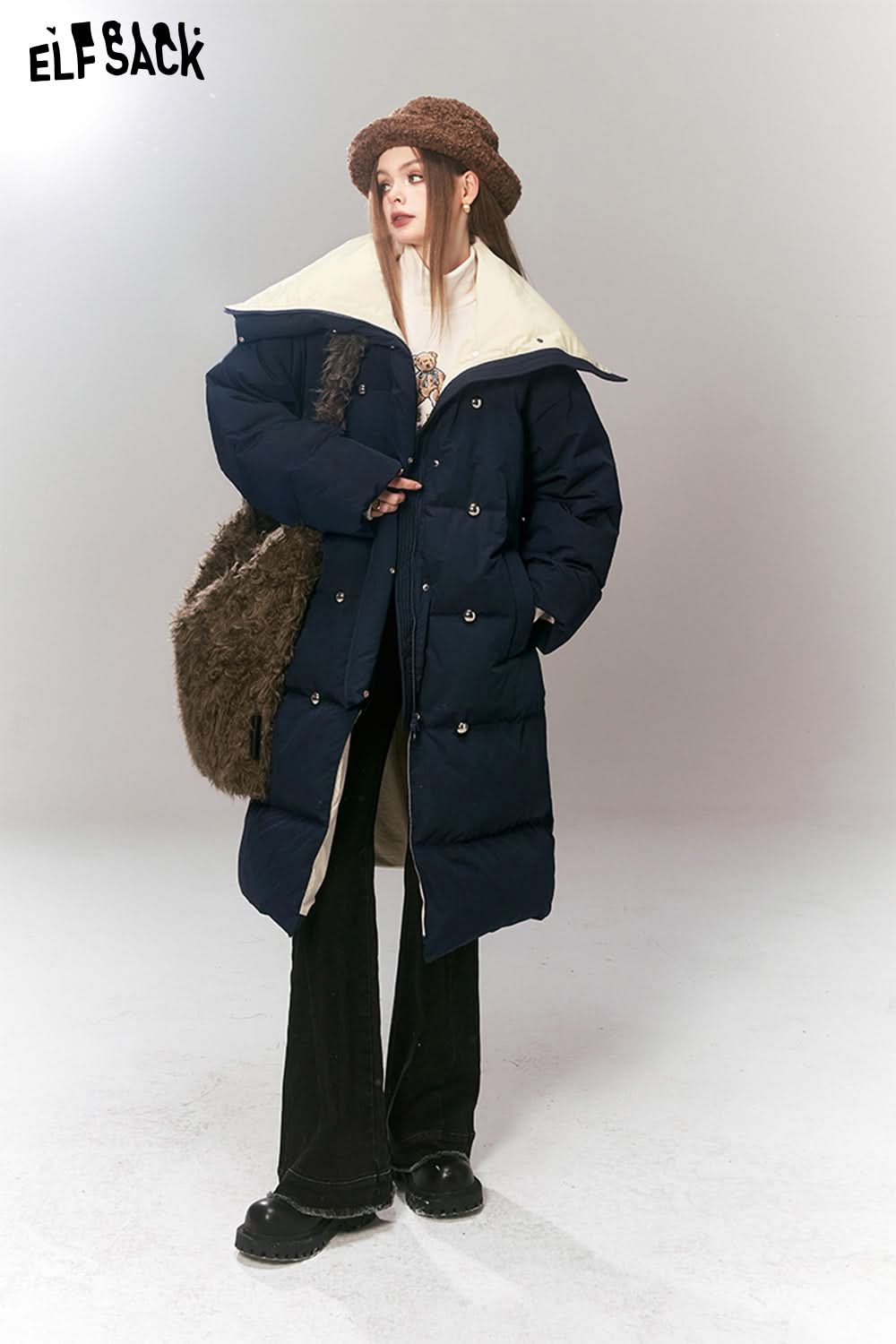 ELFSACK Korean Fashion Down Coats Women Luxury Mid-length Outwears