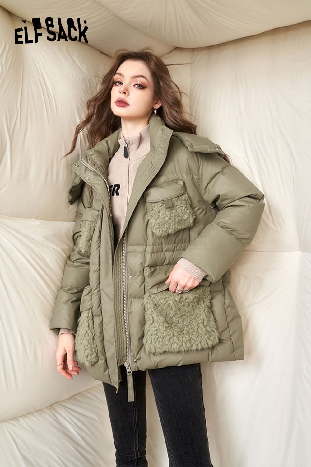 ELFSACK Spliced Thick Down Coats Women Korean Fashion Designer Jackets