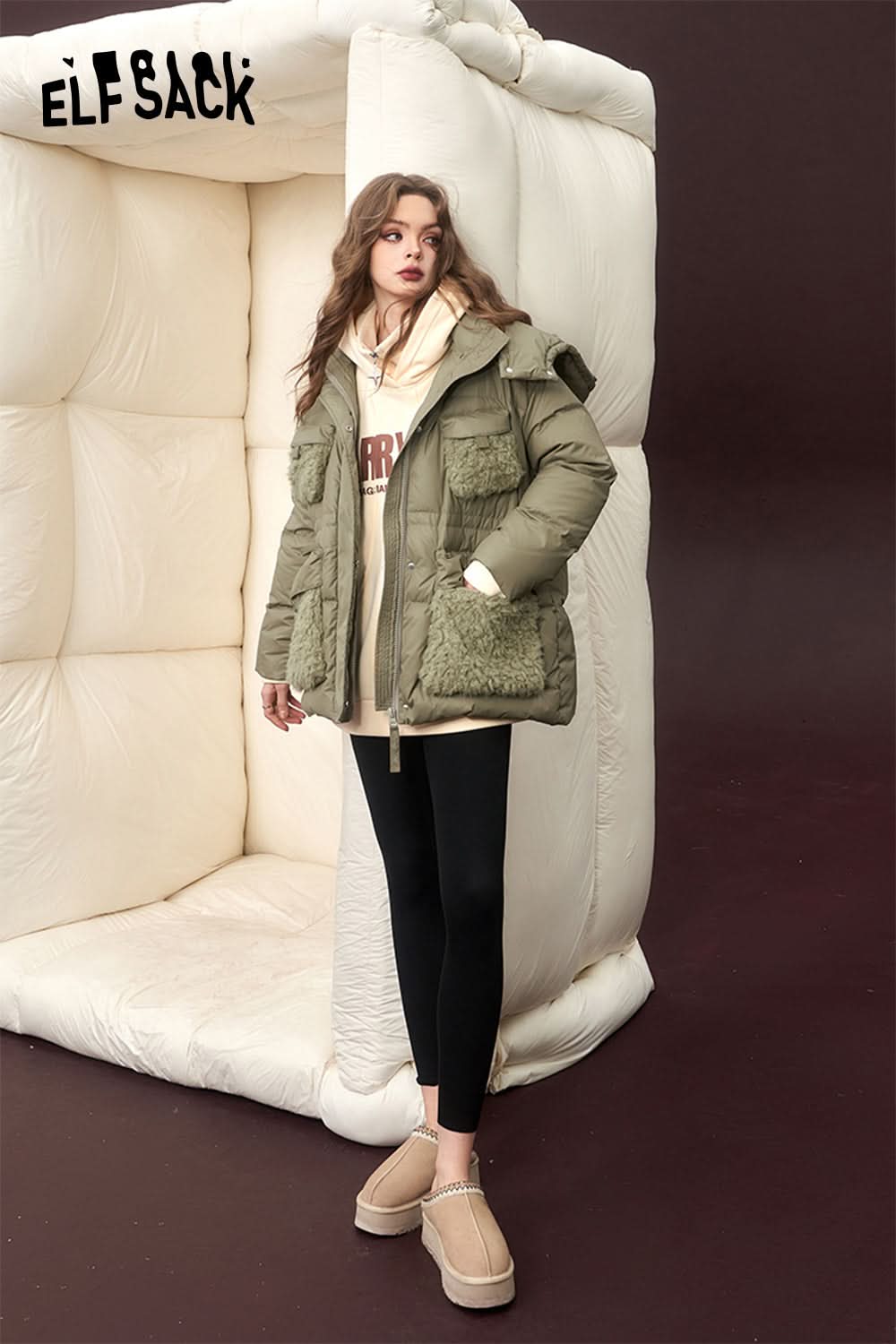 ELFSACK Spliced Thick Down Coats Women Korean Fashion Designer Jackets